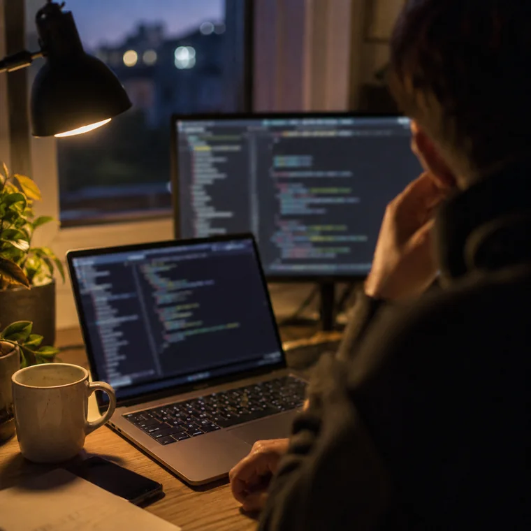 Alguien programando frente a dos pantallas al atardecer